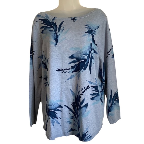 Chico's Sweaters - Chicos Blue Leaf Print Boat Neck Sweater Size 2 Large Rayon Blend Long Sleeve